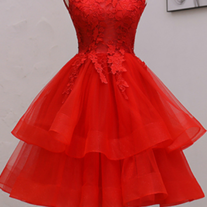 Red V Neck Lace Tulle Short Prom Dress main image 1