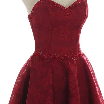 Burgundy Sweetheart Lace Short Prom Dresses,..
