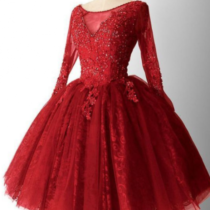 Chic A-line Red Homecoming Dresses, Lace Short..