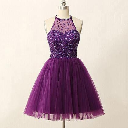High Neck Purple Homecoming Dress, Tulle..