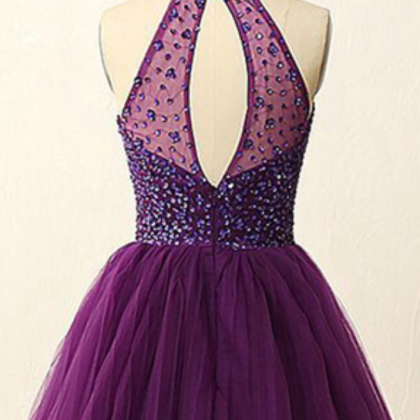 High Neck Purple Homecoming Dress, Tulle..