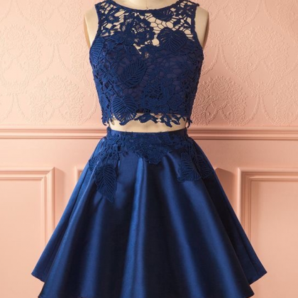 Navy Blue Lace And Satin Two Piece Prom..