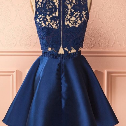 Navy Blue Lace And Satin Two Piece Prom..