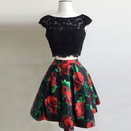 Two Piece Open Back Short Black Floral Homecoming..