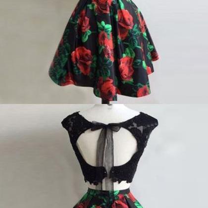 Two Piece Open Back Short Black Floral Homecoming..