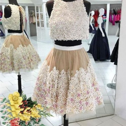A-line Floral Lace Homecoming Dresses, Two Piece..