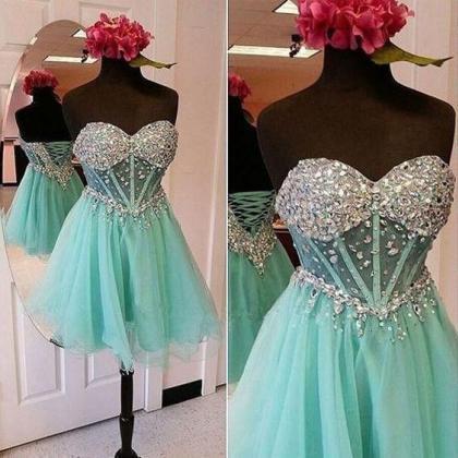 Green Sweetheart Tulle Short Prom Dress, Crystal..
