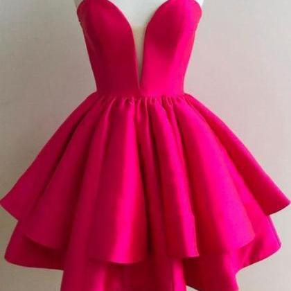 Hot Pink High-Low Tulle Strapless Homecoming Dress Evening Party Dress,DP746