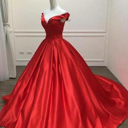 Red V-neck Off The Shoulder Long Prom Dress,satin..