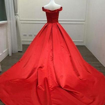 Red V-neck Off The Shoulder Long Prom Dress,satin..