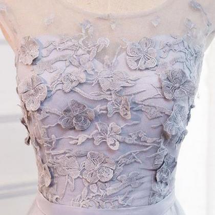 Gray Cap Sleeve Applique Lace Prom Dress,a-line..
