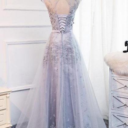 Gray Cap Sleeve Applique Lace Prom Dress,a-line..
