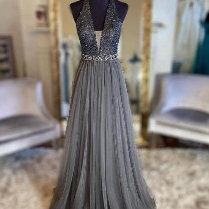 Gray V Neck Tulle Beads Long Prom Dress, Gray..