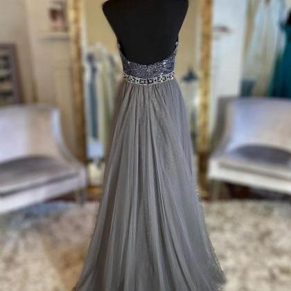Gray V Neck Tulle Beads Long Prom Dress, Gray..