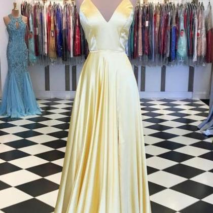 Simple Yellow V Neck Lace Up Back Prom Dress,long..