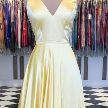 Simple Yellow V Neck Lace Up Back Prom Dress,long..