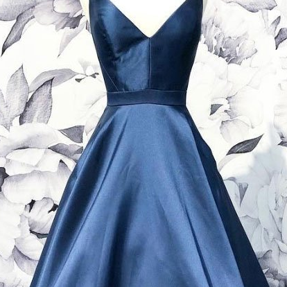 Simple V Neck Dark Blue Long Prom Dress,blue..