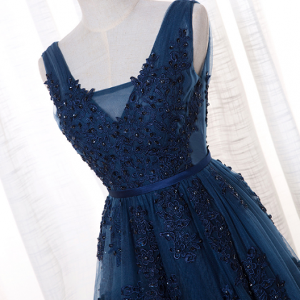V Neck Cap Sleeve Lace Appliques Formal Prom..