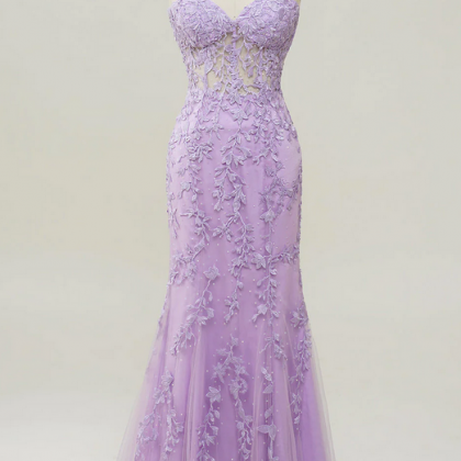 Elegant Mermaid Applique Tulle Formal Prom Dress,..
