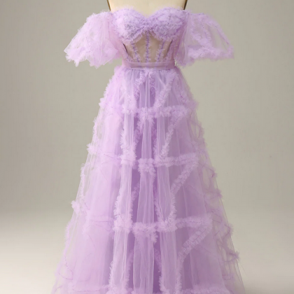 Elegant Off-Shoulder Tulle Prom Dress with Beaded Bodice for Special Occasions main image 1