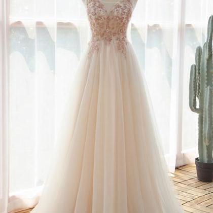 Elegant V-neckline Beaded Tulle Formal Prom Dress,..