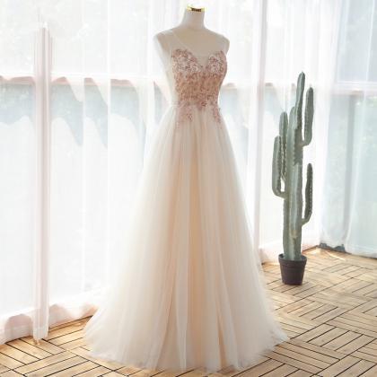 Elegant V-neckline Beaded Tulle Formal Prom Dress,..