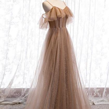 Champagne Tulle Off The Shoulder Beaded Prom Dress,A Line Long Evening Dress Y8544 main image 1
