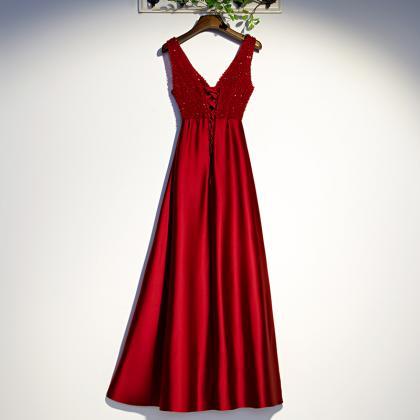 Evening Dress Red Elegant Beads Deep V-neck..