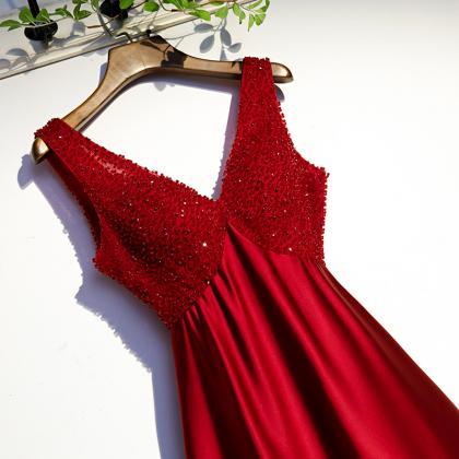 Evening Dress Red Elegant Beads Deep V-neck..