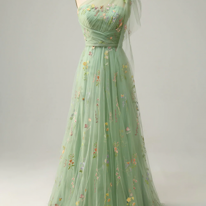 One Shoulder Green Feather A Line Sparkle Prom Dress
