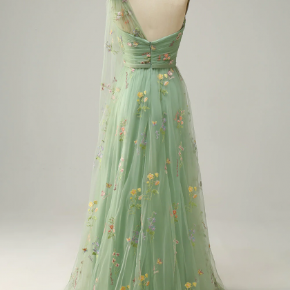 Modern Green A-Line One Shoulder Sleeveless Prom Dress