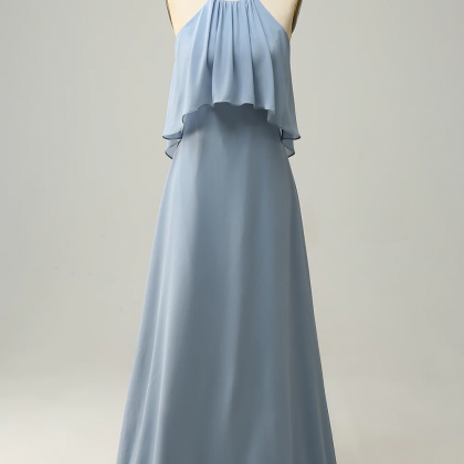 A Line Halter Neck Blue Long Bridesmaid Dress,..