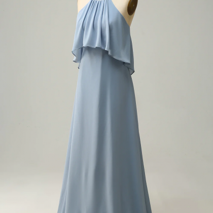 A Line Halter Neck Blue Long Bridesmaid Dress,..