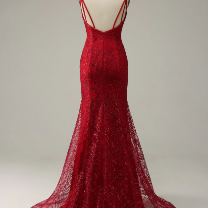 Dark Red Spaghetti Straps Mermaid Prom Dress With..