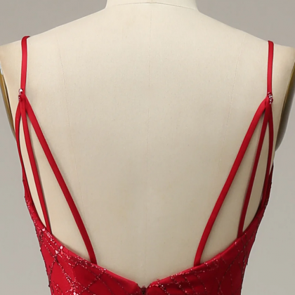 Pretty Red Spaghetti Straps Tulle Appliques Mermaid Evening Dress Birthday Prom Gown SP976 main image 1