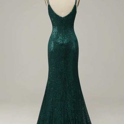 Cicinia Dark Green Prom Dresses Long Sheath Slit Spaghetti Straps Floor Length