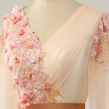 Elegant A Line V Neck Apricot Long Prom Dress with Appliques main image 0