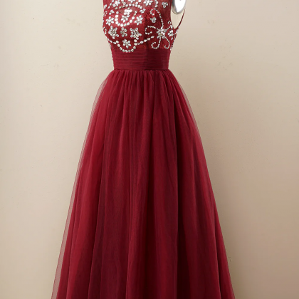 A-line Sequins Burgundy Tulle Prom Dress Evening..