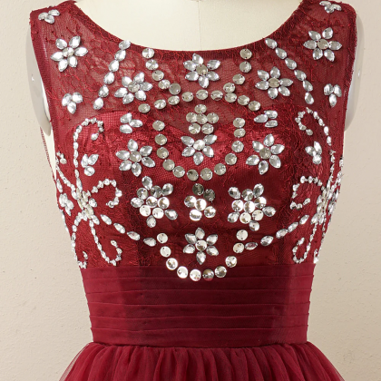 A-line Sequins Burgundy Tulle Prom Dress Evening..