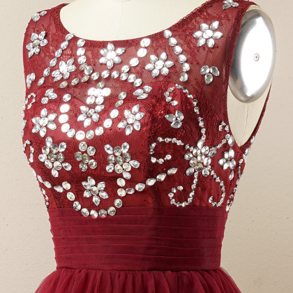 A-line Sequins Burgundy Tulle Prom Dress Evening..