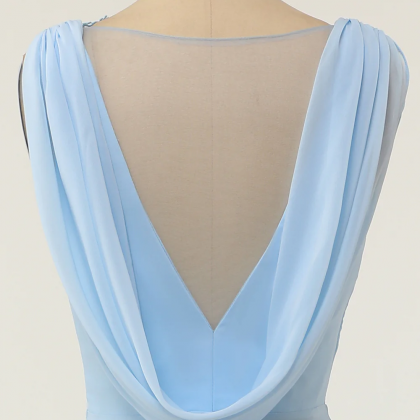 V-neck Blue Bridesmaid Dress With Ruffle