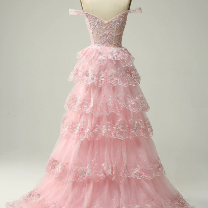 Pink A-Line Empire-Waist Lace Appliques Sleeveless Long Prom Dress