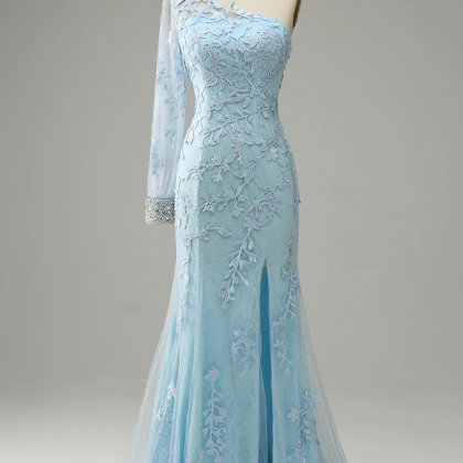 Elegant Sky Blue Long-Sleeve Mermaid Prom Dress with Appliques and Slit main image 0