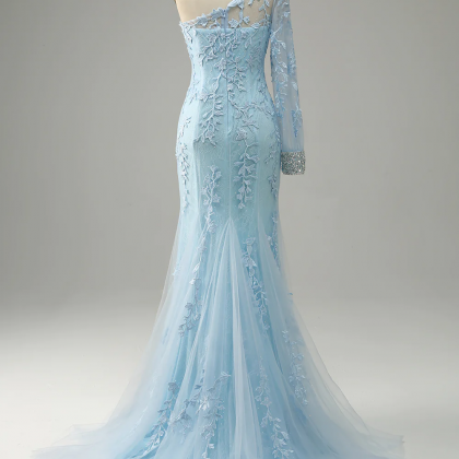 Sky Blue One Shoulder Mermaid Prom Dress With..