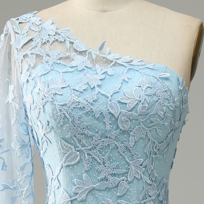 Gorgeous Sky Blue One Shoulder Mermaid Prom Dress Pleats with Ruffles main image 1