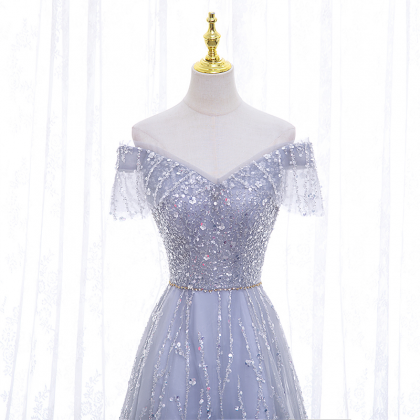 Evening Dress Gray Beading Sequins Off The..