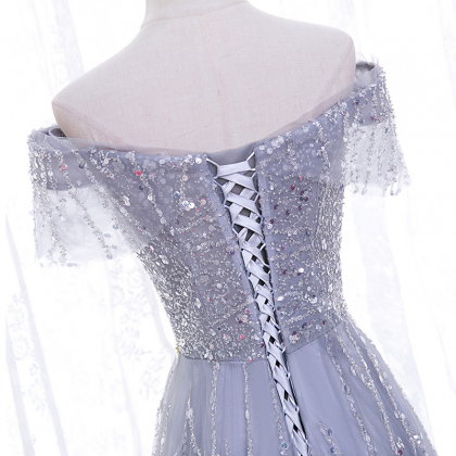 Evening Dress Gray Beading Sequins Off The..