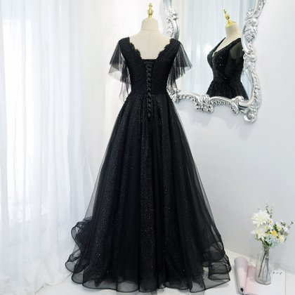 Evening Dress Black V-neck Floor-length Empire..