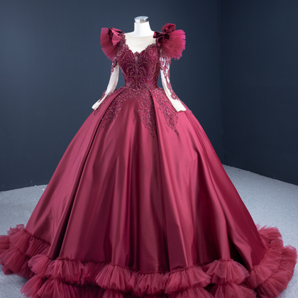 Prom Dresses,burgundy Satin Beaded Embellished..