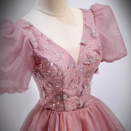 Prom Dresses,pink V Neck Beaded Embellished..